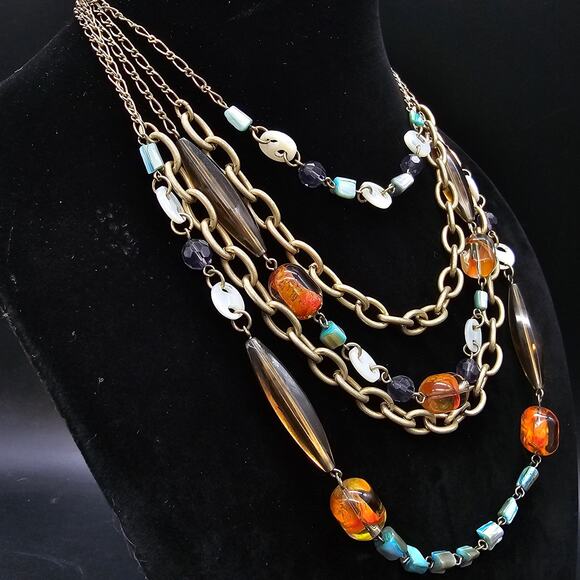 Lia Sophia St Lucia Multicolor Layered Bib Necklace Statement Orange Chain - Picture 2 of 8